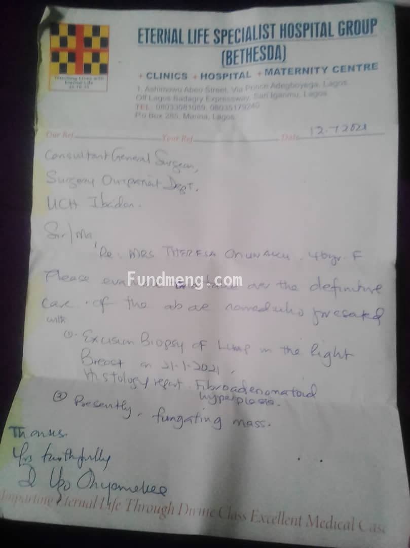 Please Help Mrs Theresa Onunaku to fight breast cancer.