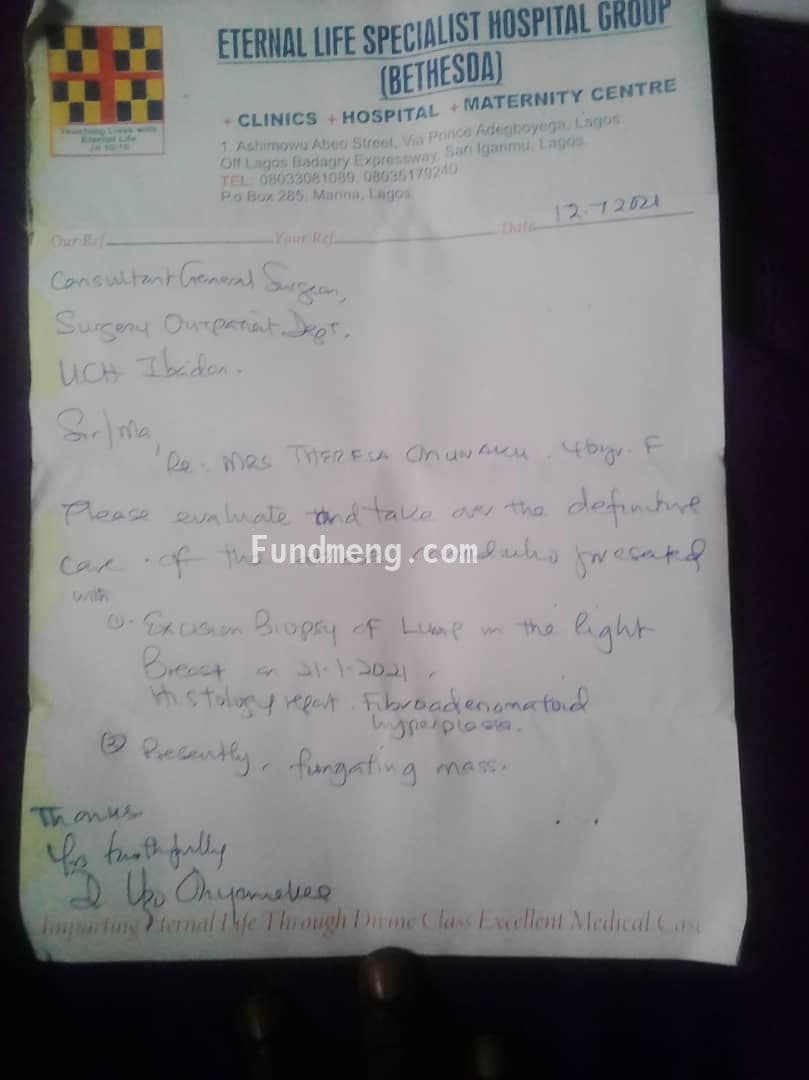 Please Help Mrs Theresa Onunaku to fight breast cancer.