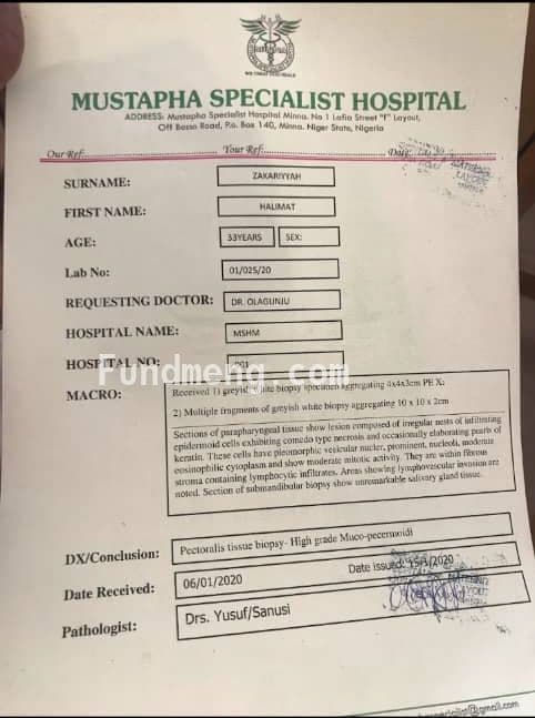 Help Halimat zakariyyah beat cancer, she was diagnosed of early breast cancer and need 3 series of chemotherapy, 2 has been done, 1 more to go sum of #950,000 is needed for the treatment