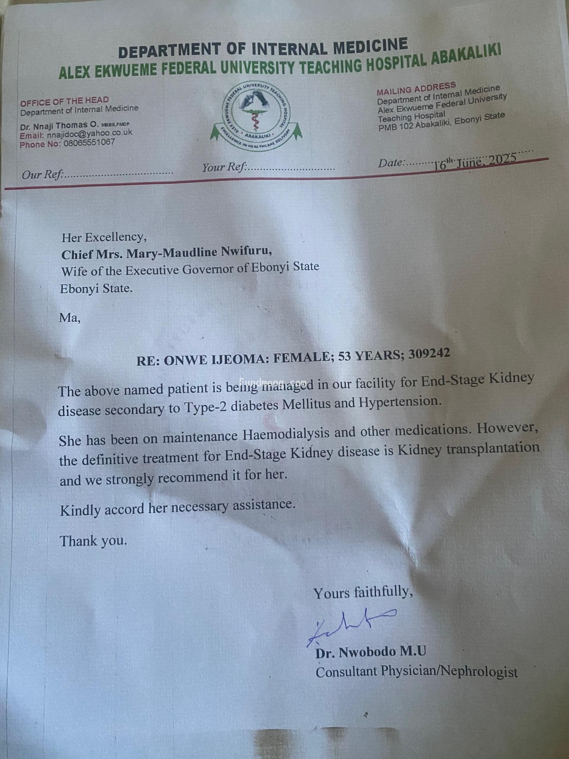 Help Mrs. Ijeoma Onwe survive end-stage kidney failure!